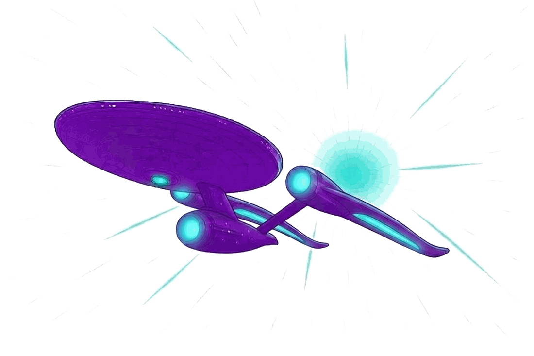 Stilisiertes Raumschiff in den Firmenfarben, das mit Lichtstreifen beschleunigt.